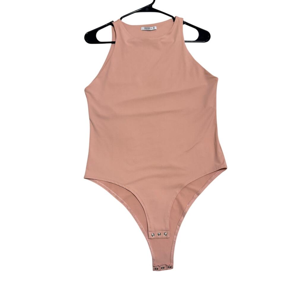 Reoria pink high-neck sleeveless bodysuit with snap-button bottom closure